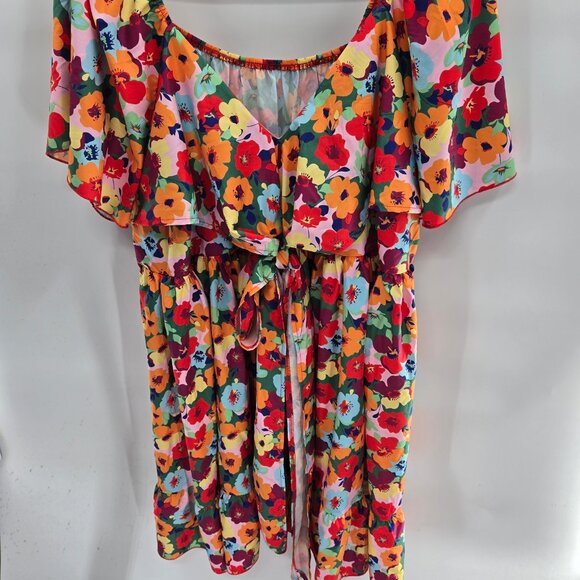 Shein Curve Vibrant Multi-Color Floral Midi Ruffled Tie Front Dress 4xl - Picture 1 of 11